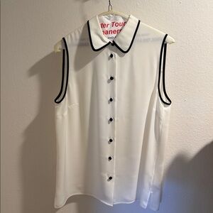Sleeveless White Blouse with Black Trim